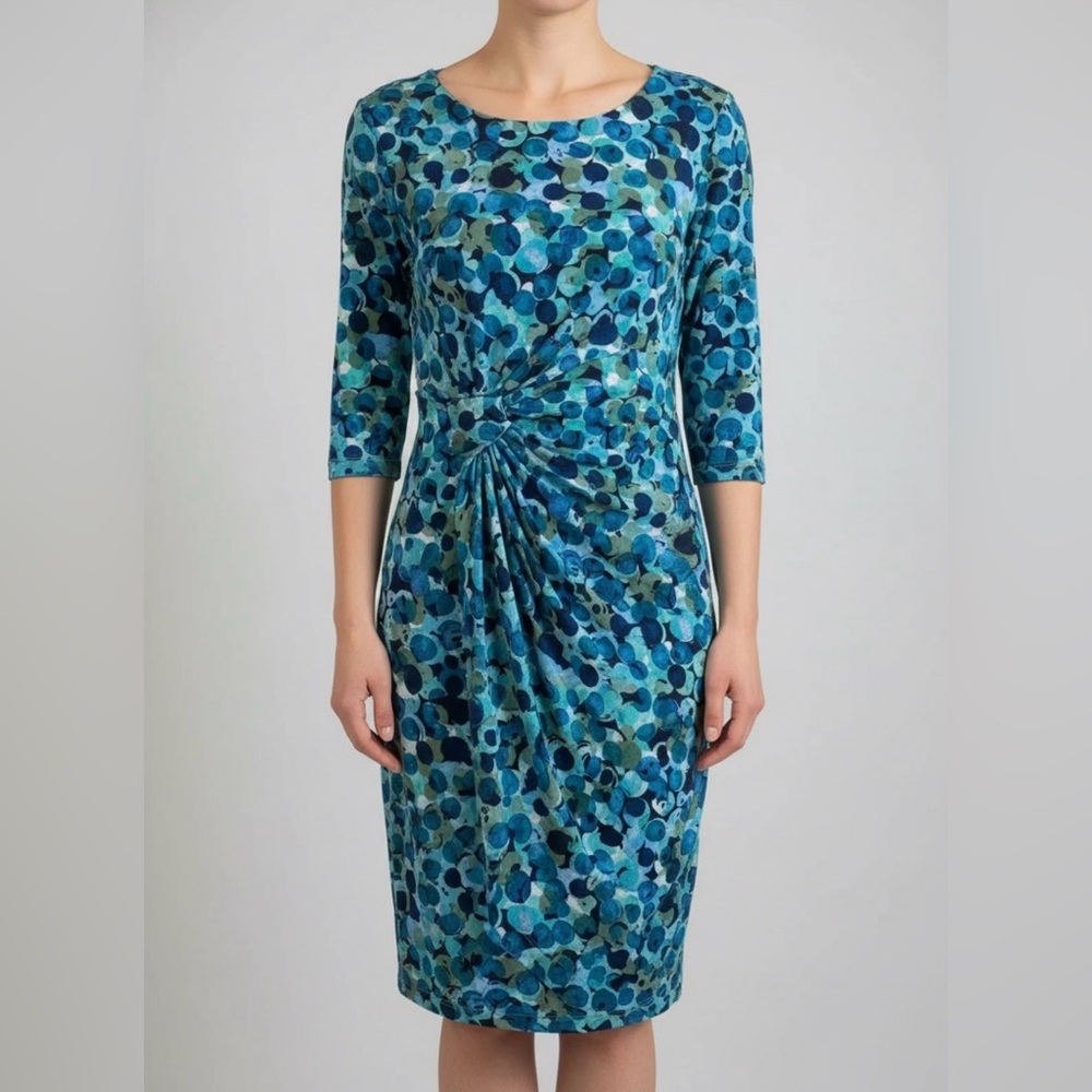 Connected Apparel Blue and Green Patterned Long Sleeve Dress